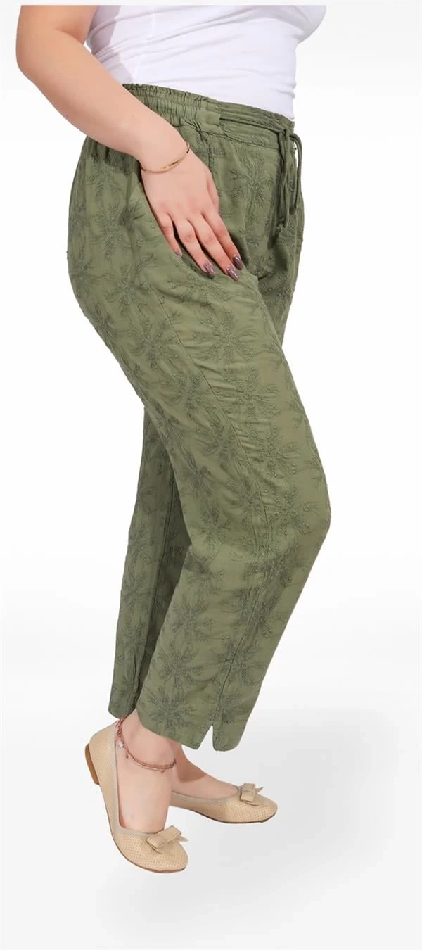 325001 Beli Lastikli Dantel Çiçek Desenli Keten Kadın Pantolon Haki