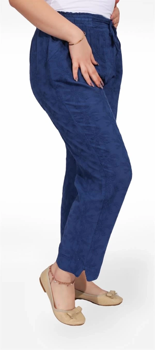 325001 Beli Lastikli Dantel Çiçek Desenli Keten Kadın Pantolon Mavi