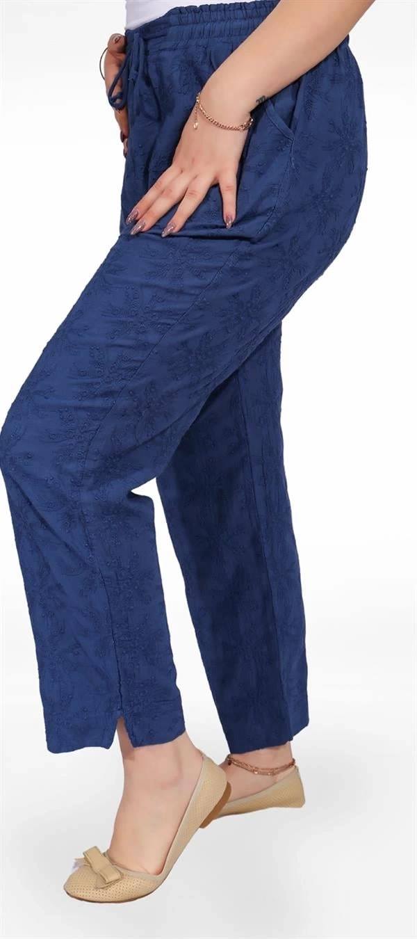 325001 Beli Lastikli Dantel Çiçek Desenli Keten Kadın Pantolon Mavi