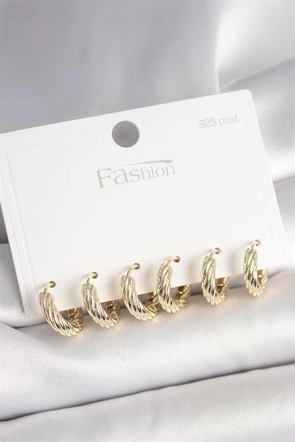 925 Ayar Gümüş Çivi Pirinç Gold Renk İşlemeli Halka Model Kadın Küpe Seti