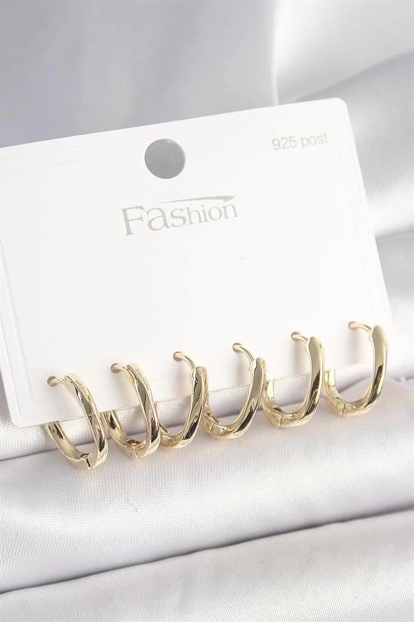 925 Ayar Gümüş Çivi Pirinç Gold Renk Oval Halka Model Kadın Küpe Seti