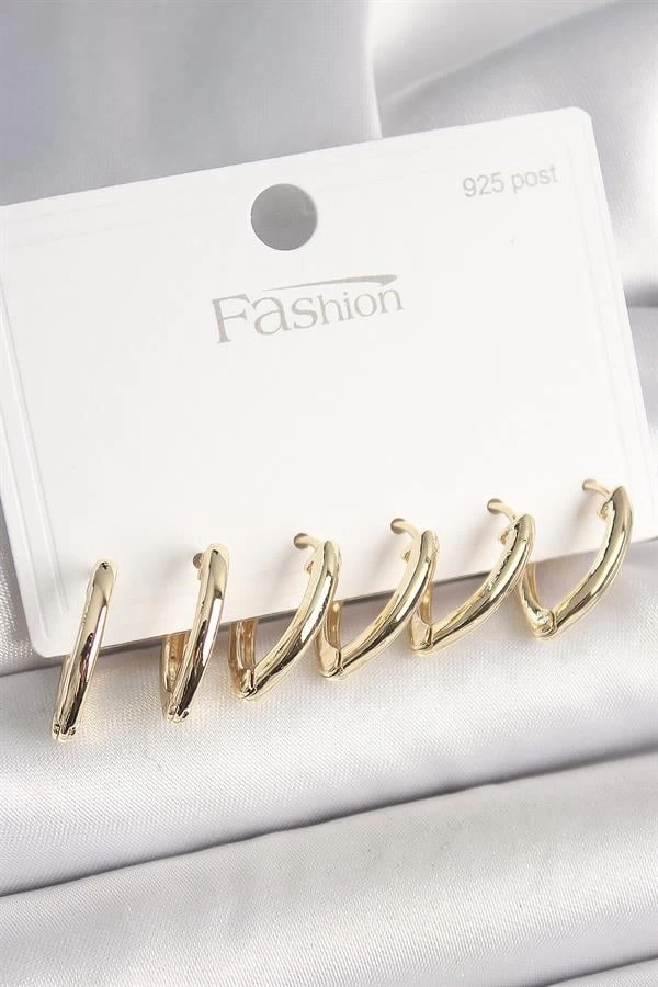 925 Ayar Gümüş Çivi Pirinç Gold Renk Üçgen Model Kadın Küpe Seti