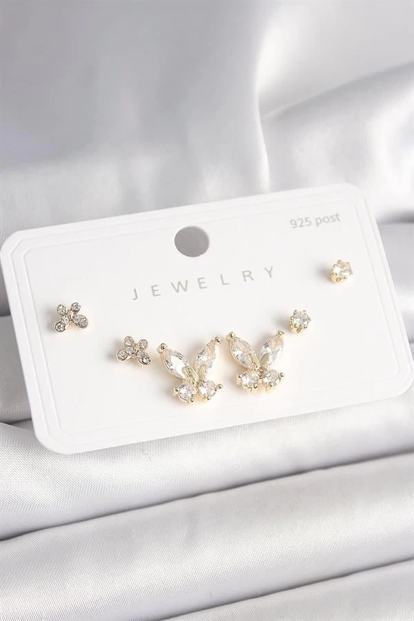 925 Ayar Gümüş Çivi Pirinç Gold Renk Zirkon Taşlı Kelebek Model Kadın Küpe Seti