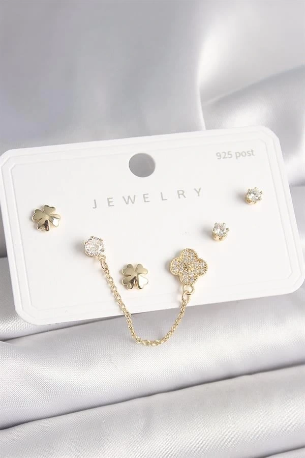 925 Ayar Gümüş Çivi Pirinç Gold Renk Zirkon Taşlı Yonca Model Sallantı Zincir Detay Kadın Küpe Seti