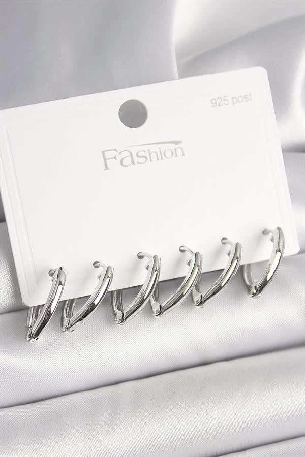 925 Ayar Gümüş Çivi Pirinç Gümüş Renk Üçgen Model Kadın Küpe Seti