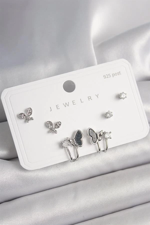 925 Ayar Gümüş Çivi Pirinç Gümüş Renk Zirkon Taşlı Kelebek Model Kadın Küpe Seti