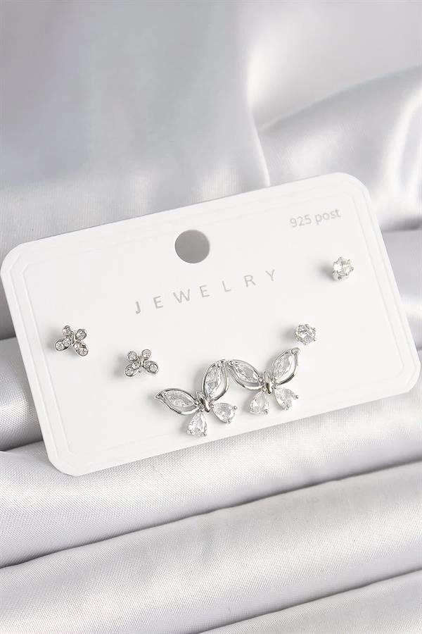 925 Ayar Gümüş Çivi Pirinç Gümüş Renk Zirkon Taşlı Kelebek Model Kadın Küpe Seti