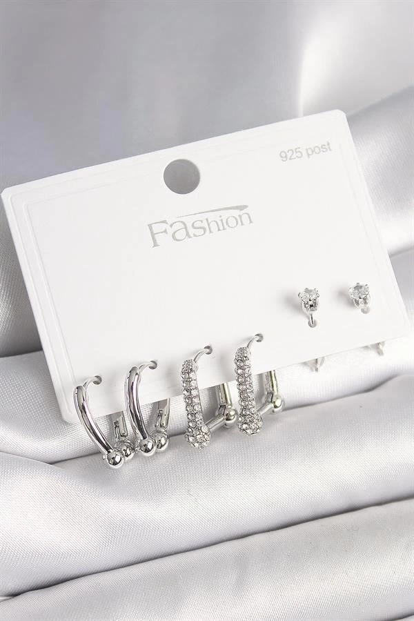 925 Ayar Gümüş Çivi Pirinç Gümüş Renk Zirkon Taşlı Tiffany Halka Model Kadın Küpe Seti