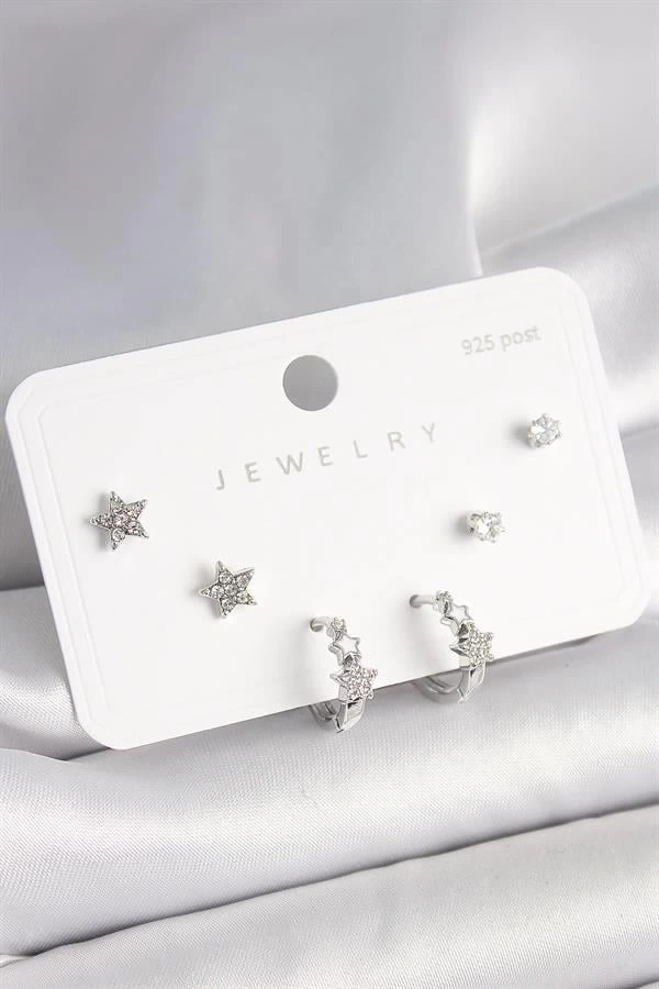 925 Ayar Gümüş Çivi Pirinç Gümüş Renk Zirkon Taşlı Yıldız Model Kadın Küpe Seti