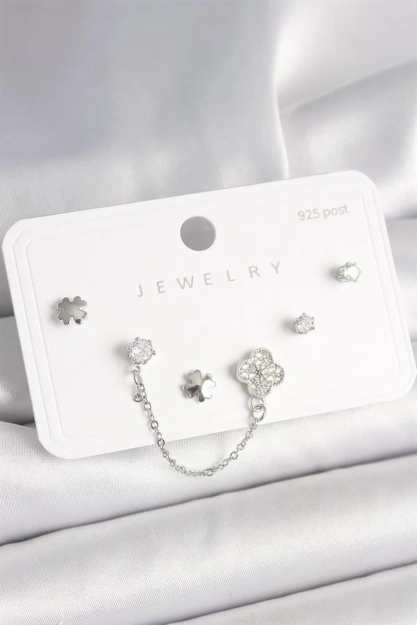 925 Ayar Gümüş Çivi Pirinç Gümüş Renk Zirkon Taşlı Yonca Model Sallantı Zincir Detay Kadın Küpe Seti