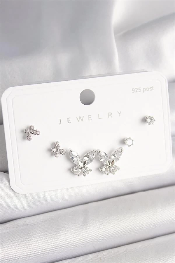 925 Ayar Gümüş Çivi Pirinç Zirkon Taşlı Kelebek Model Kadın Küpe Seti