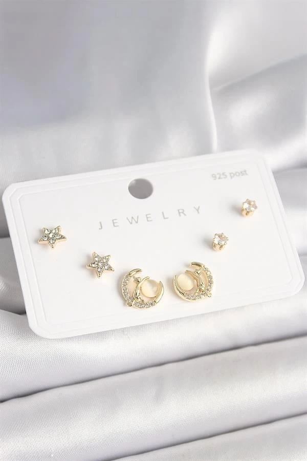 925 Ayar Gümüş Çivi Zirkon Taşlı Hilal Yıldız Model Kadın Küpe Seti