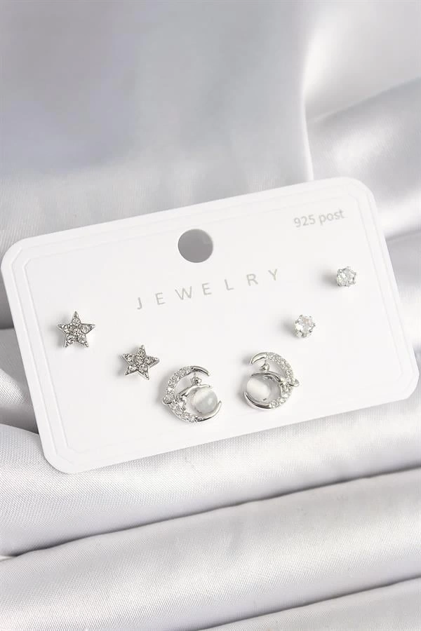 925 Ayar Gümüş Çivi Zirkon Taşlı Hilal Yıldız Model Kadın Küpe Seti