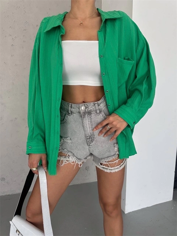 Ağaç Kabuğu Oversize Arkası Pileli Gömlek