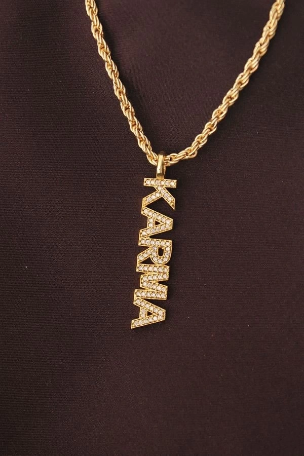 Altın Renk Zirkon Taşlı Karma Yazılı Kolye