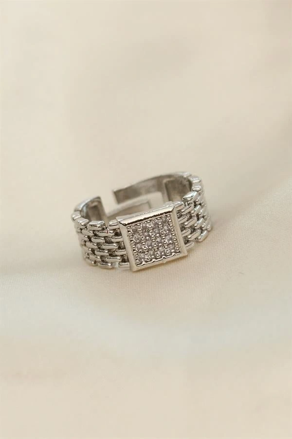 Ayarlamalı Gümüş Renk Kare Zirkon Taşlı Yüzük