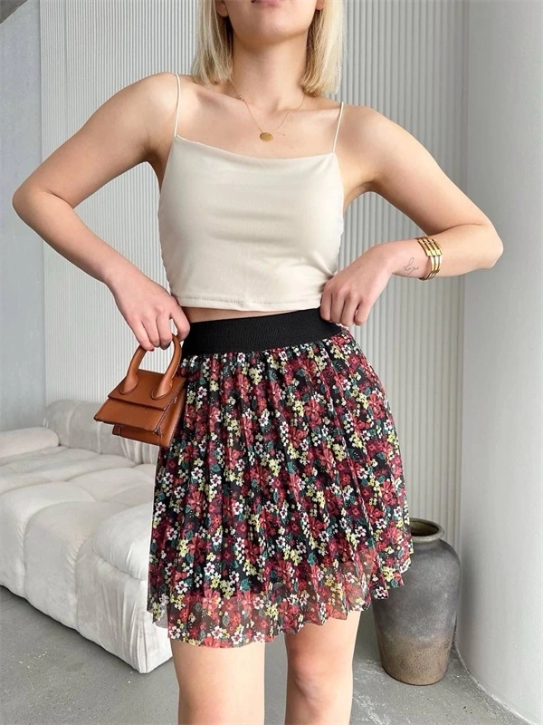 Baskılı astarlı mini etek