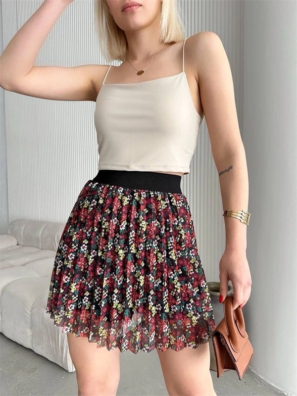 Baskılı astarlı mini etek