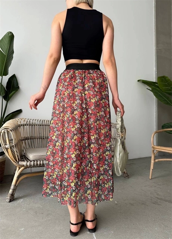 Baskılı astarlı uzun etek