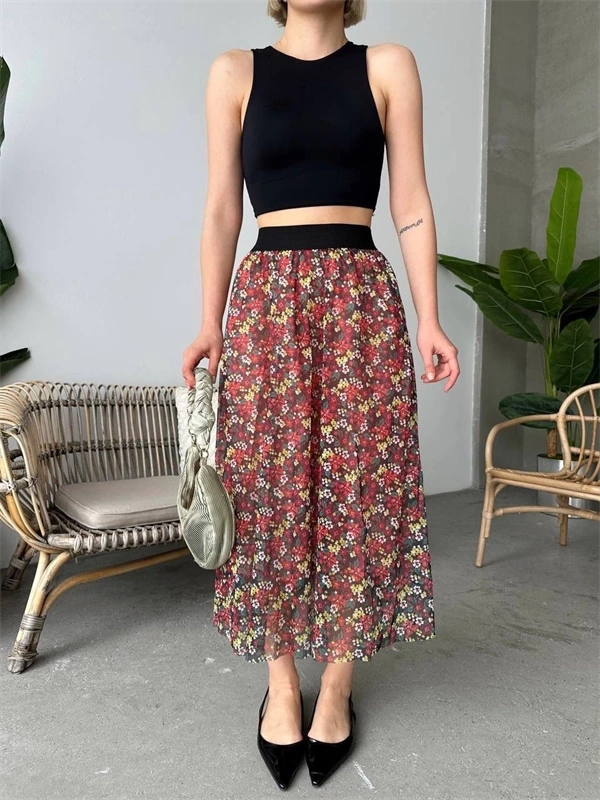 Baskılı astarlı uzun etek