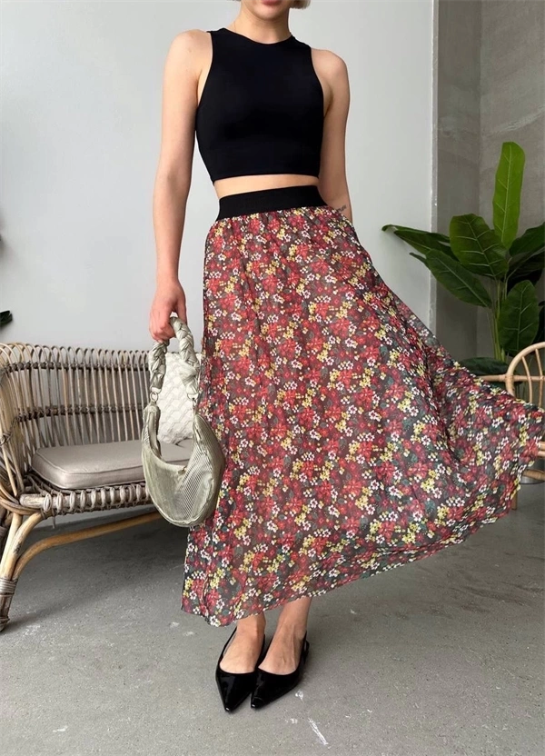 Baskılı astarlı uzun etek