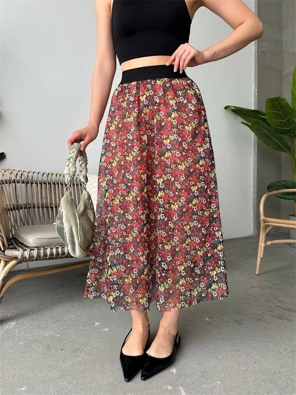 Baskılı astarlı uzun etek