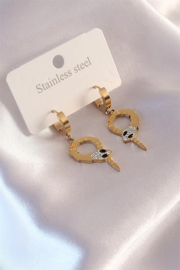 Çelik Gold Renk Yılan Figür Zirkon Taş Detay Kadın Küpe