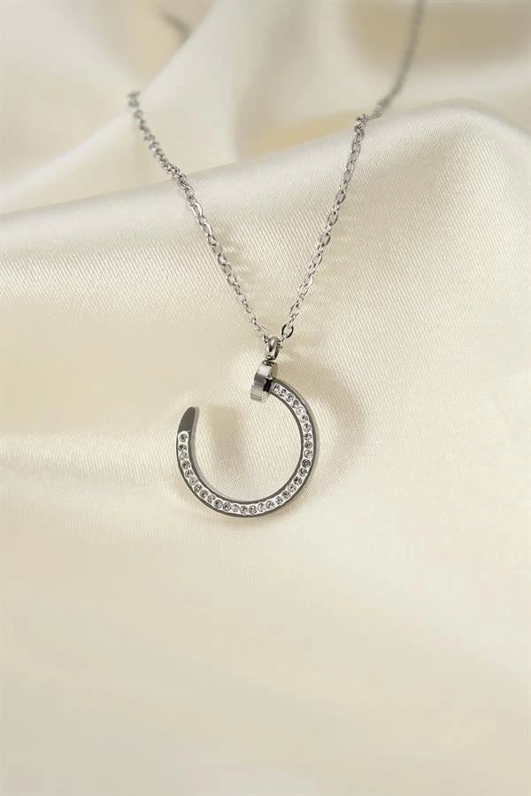 Çelik Silver Renk Zirkon Taşlı Çivi Model Kadın Kolye