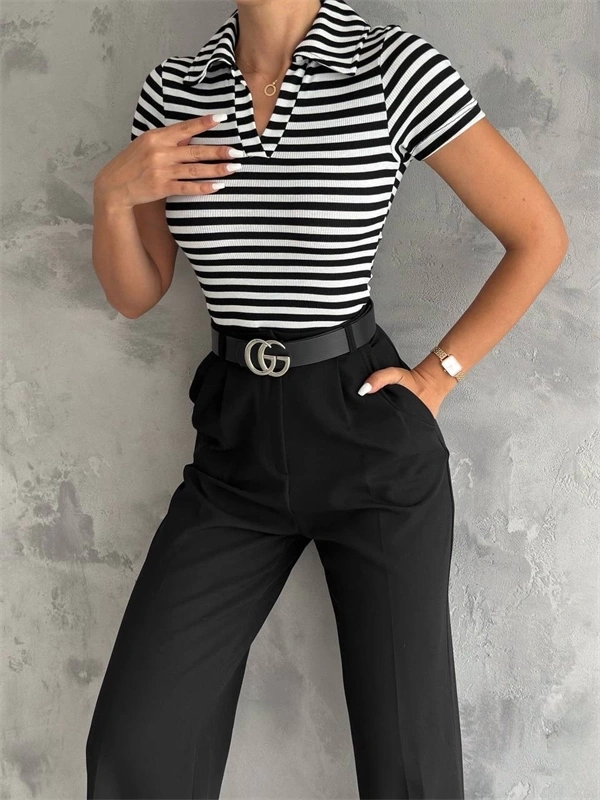 Çizgili Kaşkorse V Yaka Tişört Siyahbeyaz