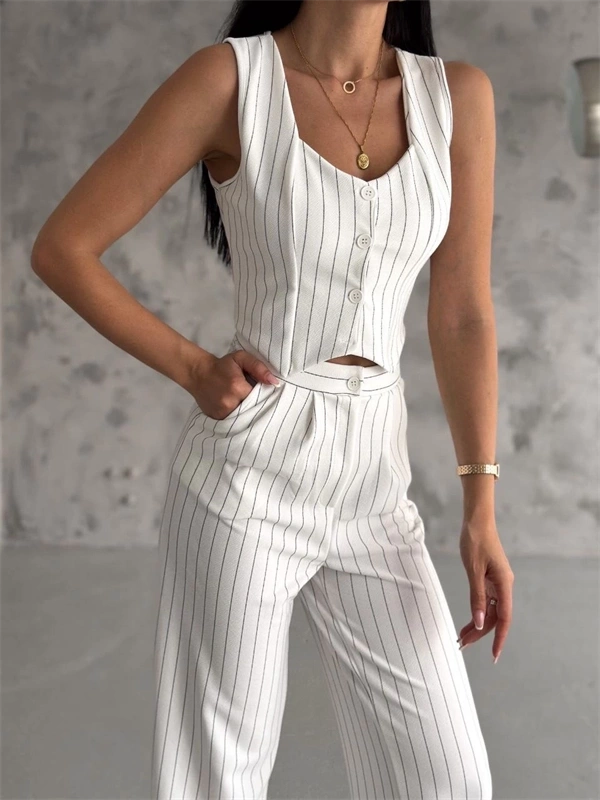 Çizgili palazzo pantolonlu yelek takım s3395