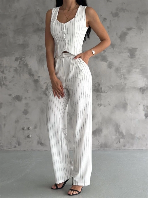 Çizgili palazzo pantolonlu yelek takım s3395