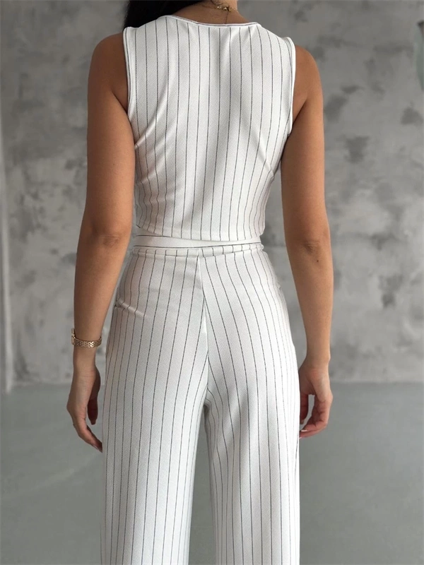 Çizgili palazzo pantolonlu yelek takım s3395