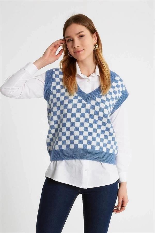 Dama Desenli Örme Oversıze Kadın Triko