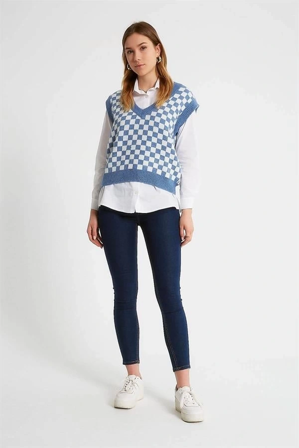 Dama Desenli Örme Oversıze Kadın Triko