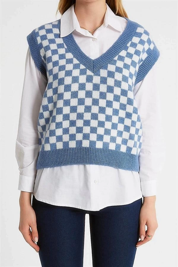 Dama Desenli Örme Oversıze Kadın Triko