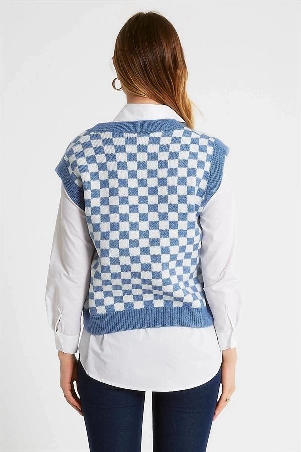 Dama Desenli Örme Oversıze Kadın Triko