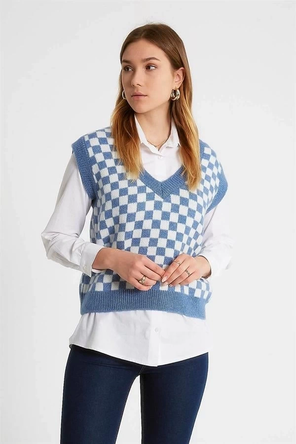 Dama Desenli Örme Oversıze Kadın Triko