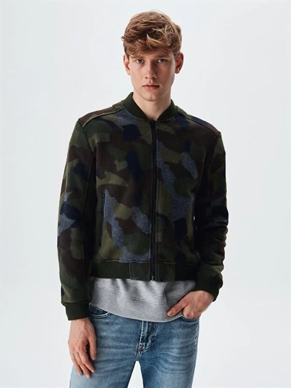 Dazoko Kamuflaj Desenli Fermuarlı Erkek Mont
