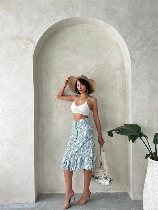 Desenli düğmeli etek s25800