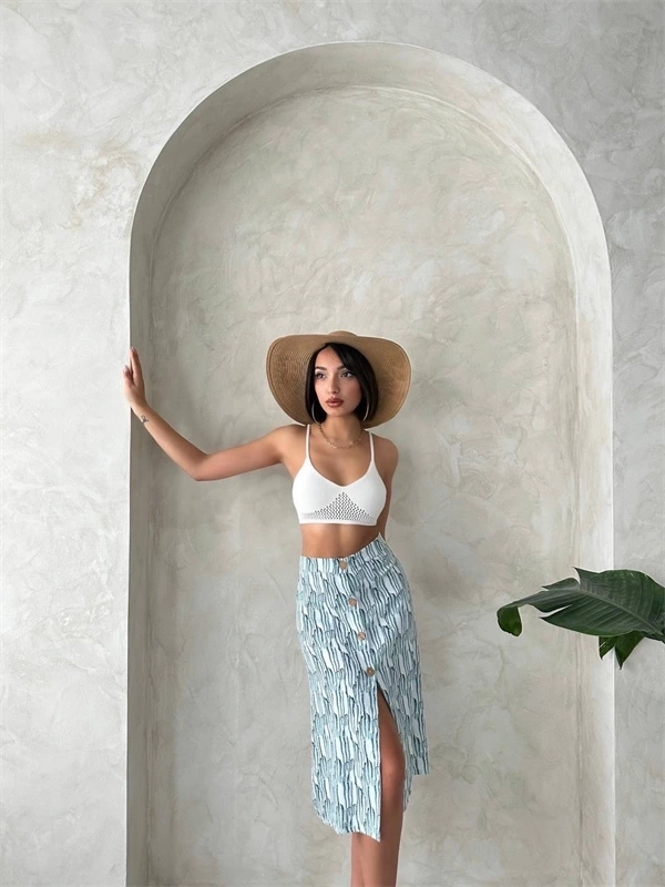 Desenli düğmeli etek s25800