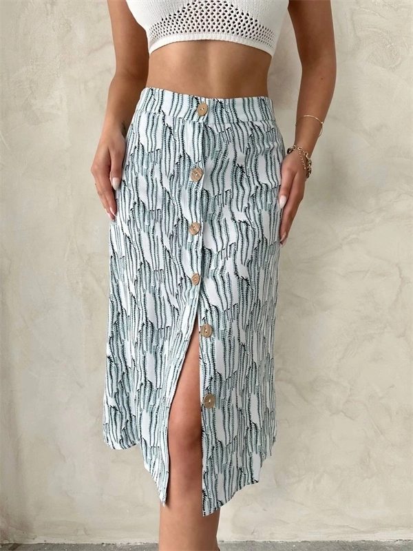 Desenli düğmeli etek s25800