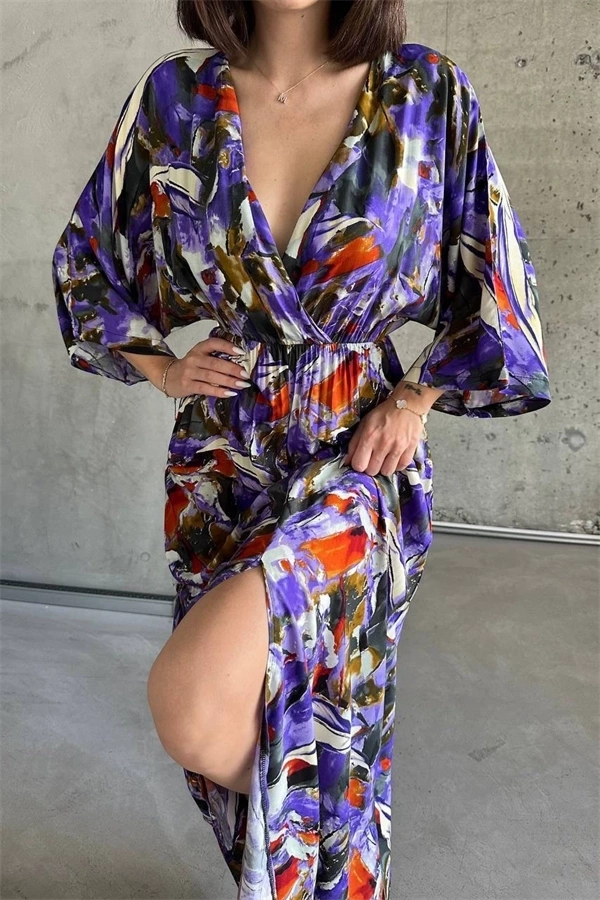 Dokuma baskılı yarasa kol elbise s8124