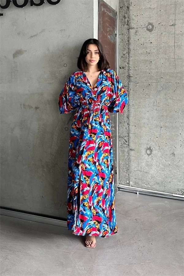 Dokuma baskılı yarasa kol elbise s8124