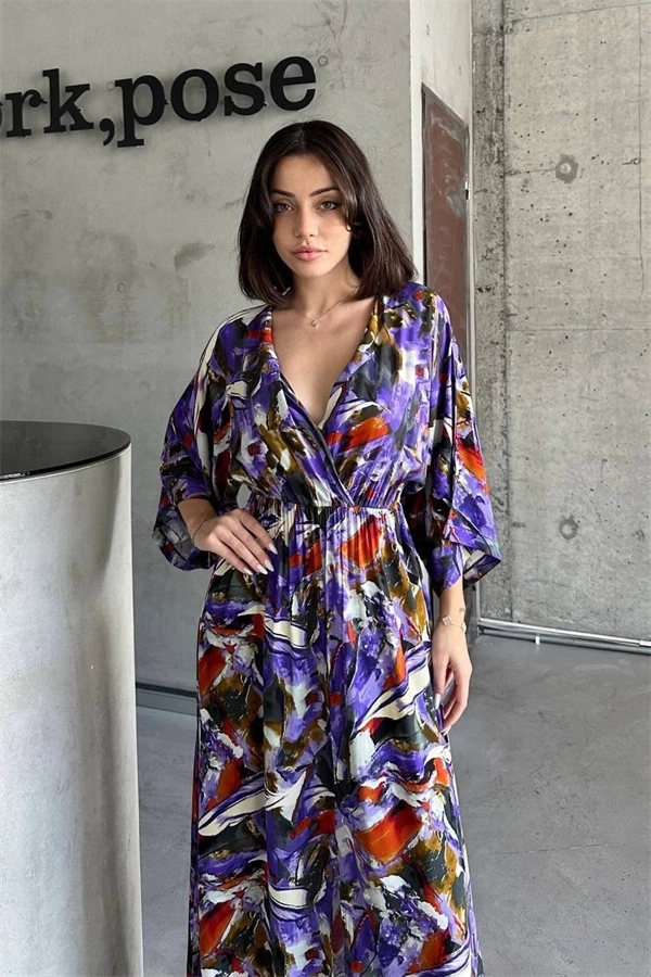 Dokuma baskılı yarasa kol elbise s8124