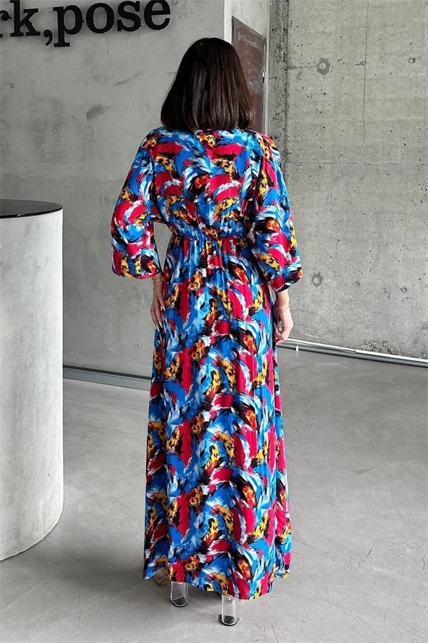 Dokuma baskılı yarasa kol elbise s8124