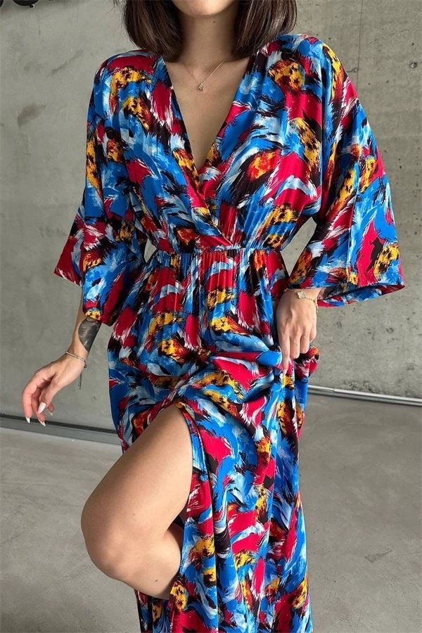 Dokuma baskılı yarasa kol elbise s8124