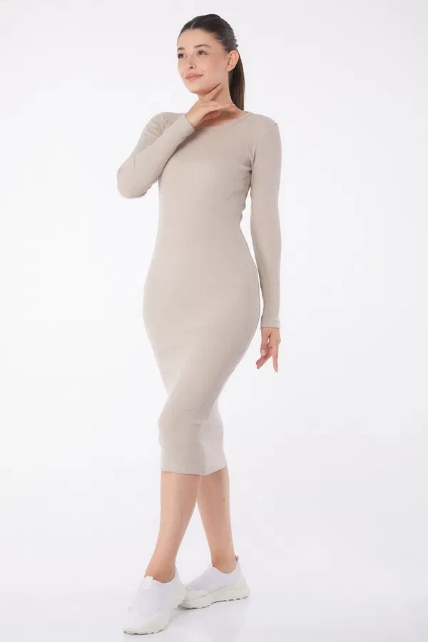 Düz Bisiklet Yaka Kadın Midi Elbise