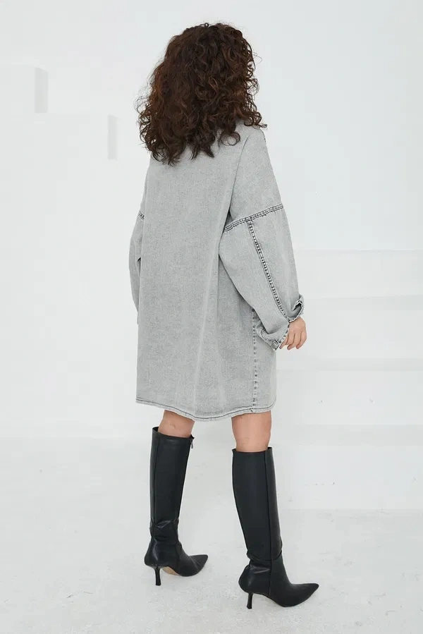 Düz Gömlek Yaka Kadın Gri Kuş Gözü Cepli Kot Ceket