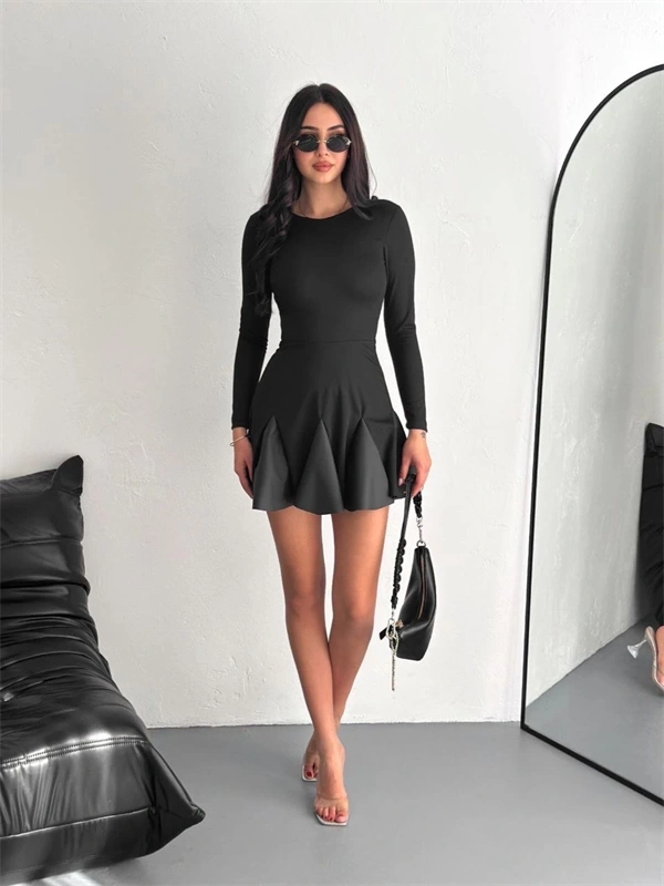 Eteği kloş crep mini elbise s1267