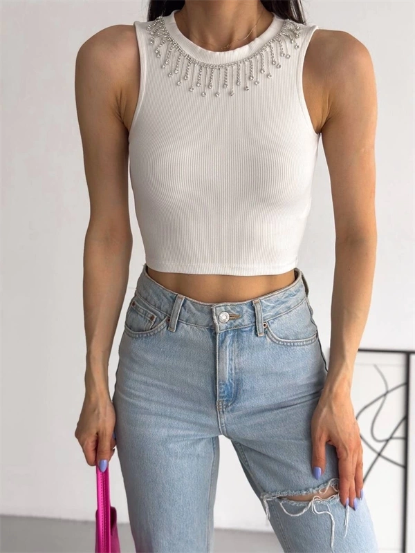 Fitilli Kaşkorse Yakası Zincirli Atlet Beyaz